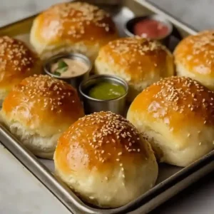 Tray of golden-brown sesame rolls with chicken tenders and sauces.