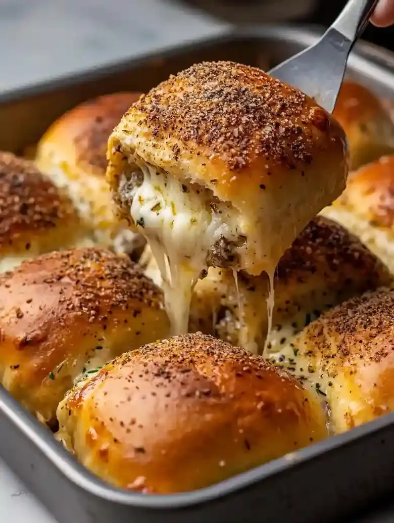Cheese-filled rolls with crispy crust, one lifted showing melted cheese.