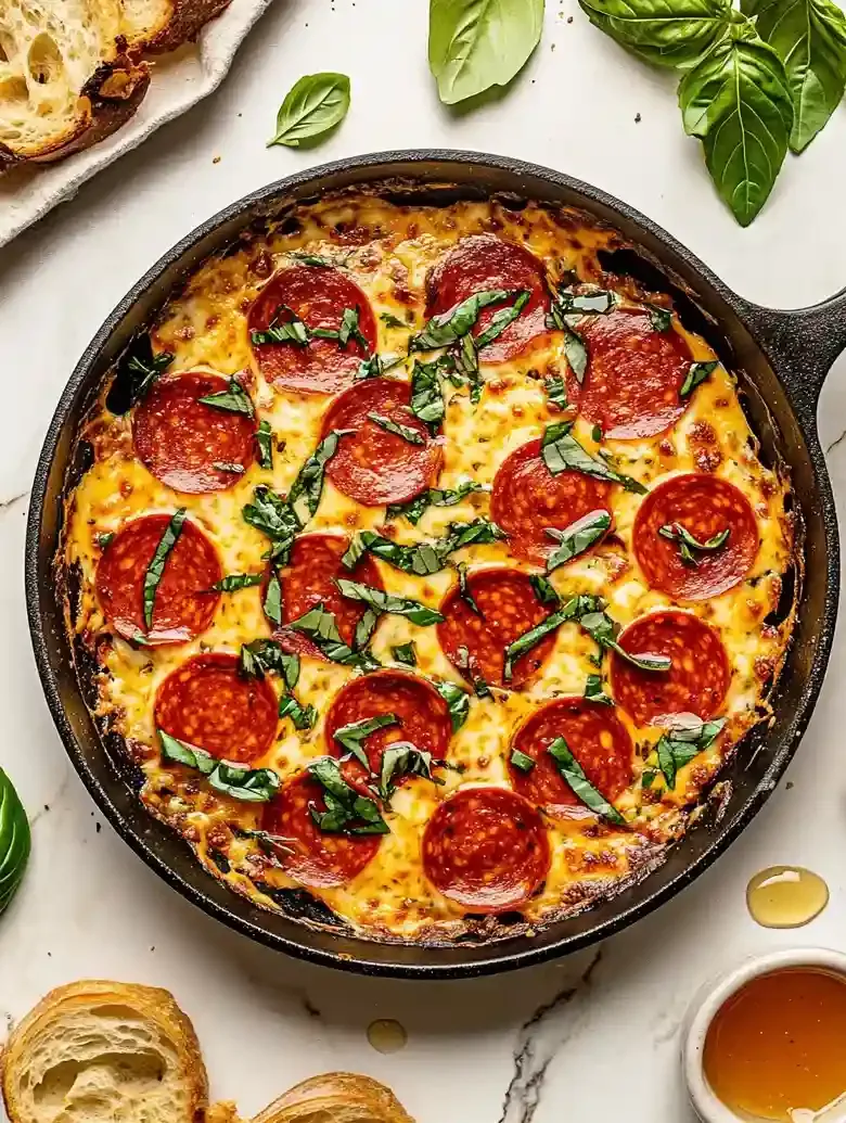 Skillet of melted cheese with pepperoni and basil, toasted bread slices.