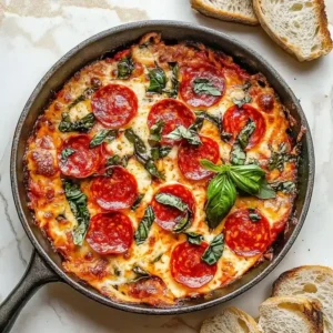 Baked dish in skillet with tomato sauce, cheese, pepperoni, and basil.