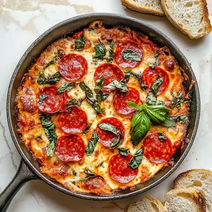 Baked dish in skillet with tomato sauce, cheese, pepperoni, and basil.