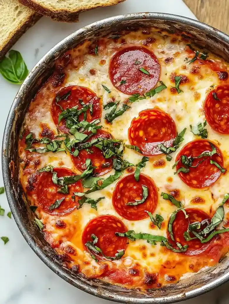 Cheesy tomato dish topped with pepperoni and basil, served with bread.