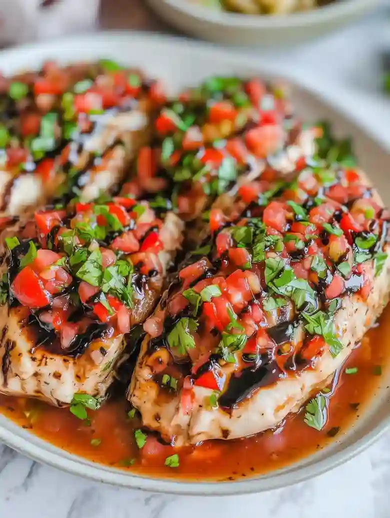 Tender chicken with pico de gallo, balsamic glaze, and pasta on marble