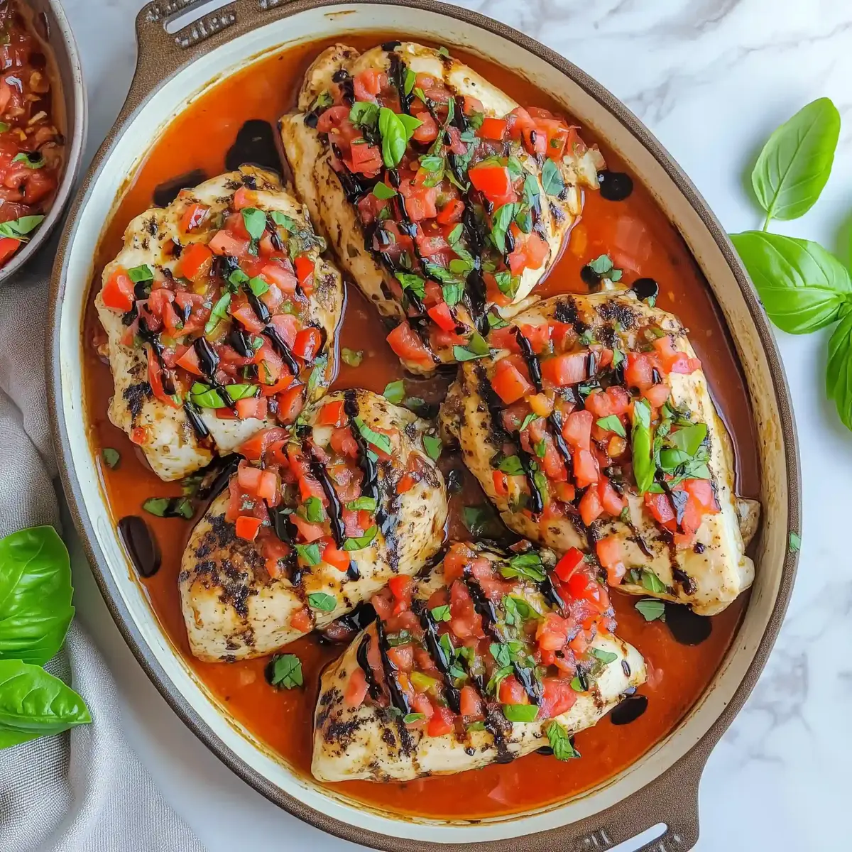 Chicken bruschetta with tomato topping, basil, and balsamic drizzle on a rustic dish