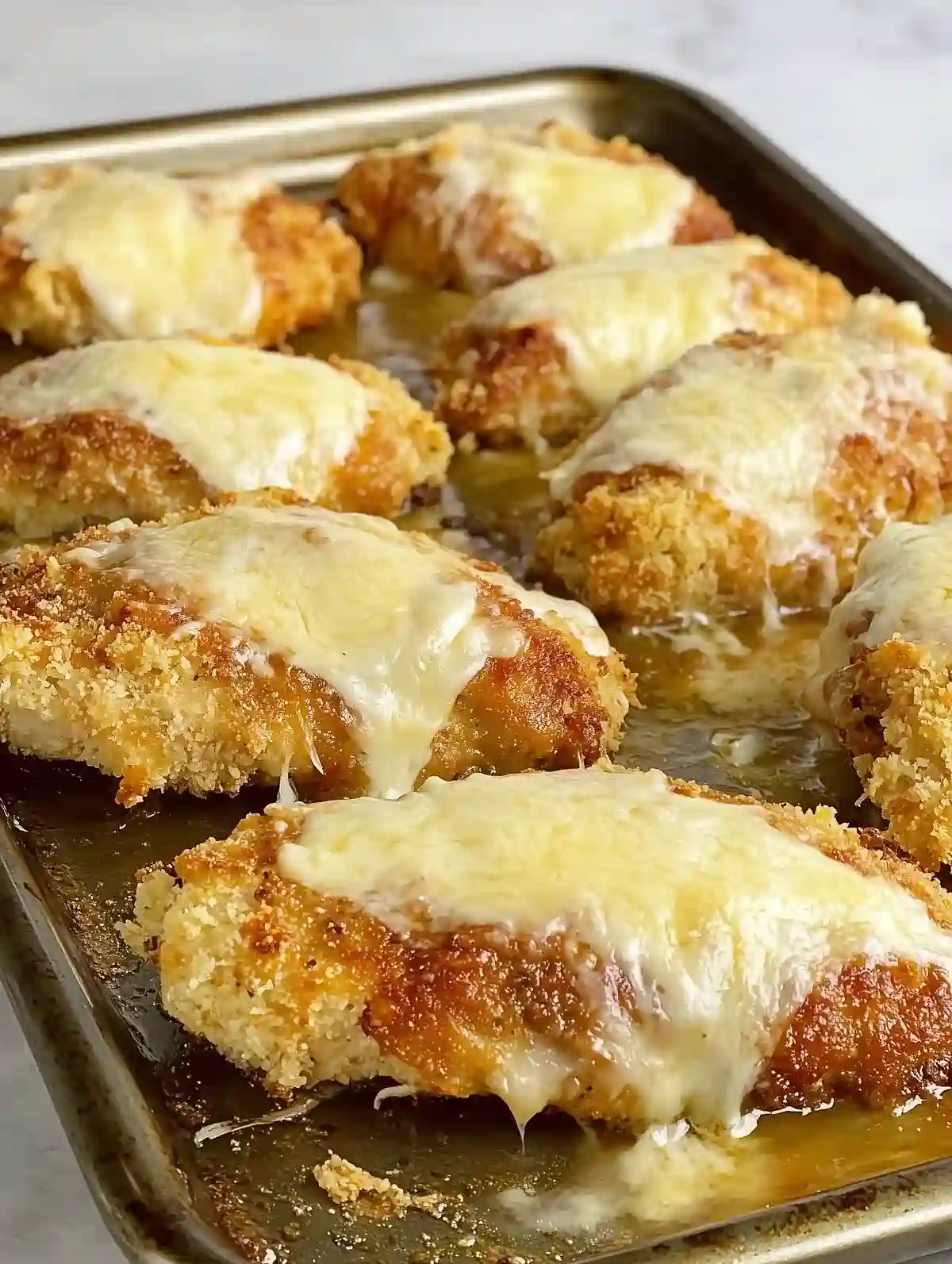 Seven golden-brown chicken cutlets with melted mozzarella on a shiny tray