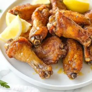 Crispy golden-brown chicken wings with lemon wedges and honey drizzle.