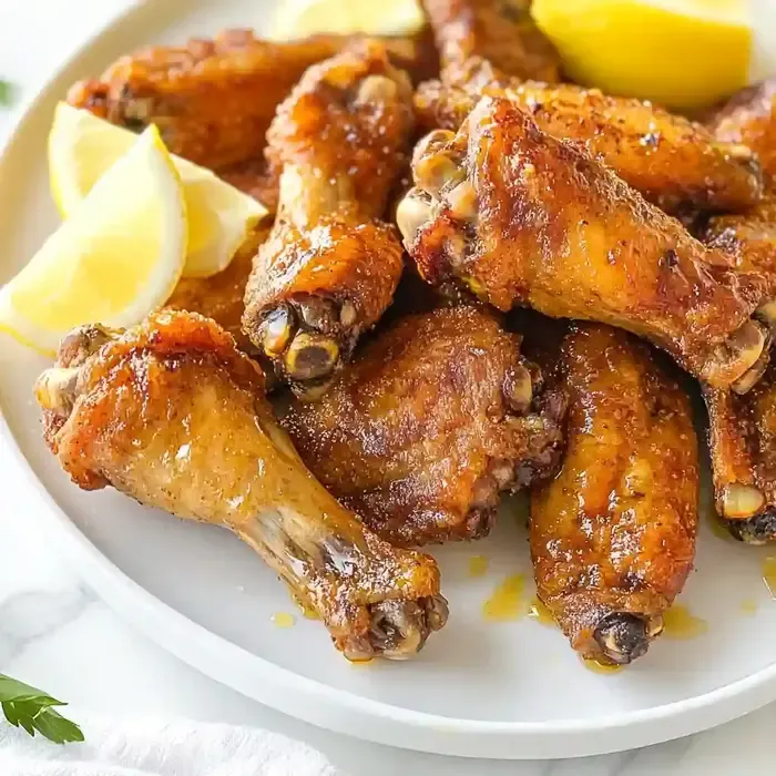 Crispy golden-brown chicken wings with lemon wedges and honey drizzle.