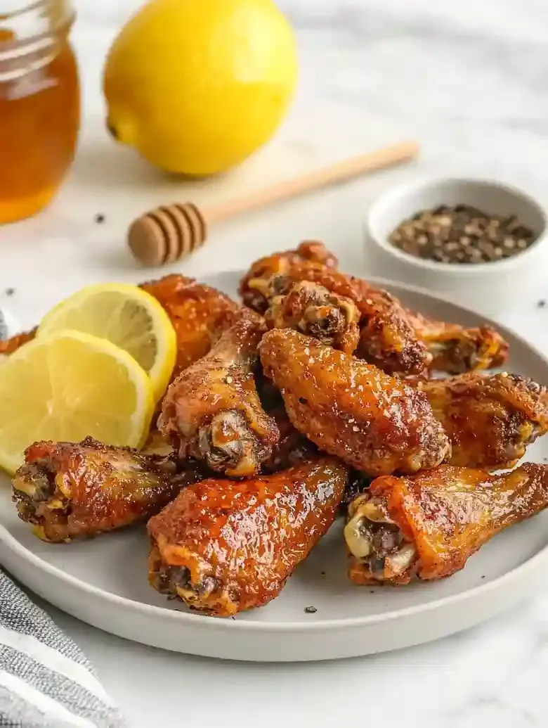 Crispy chicken wings garnished with lemon slices on a marble surface.