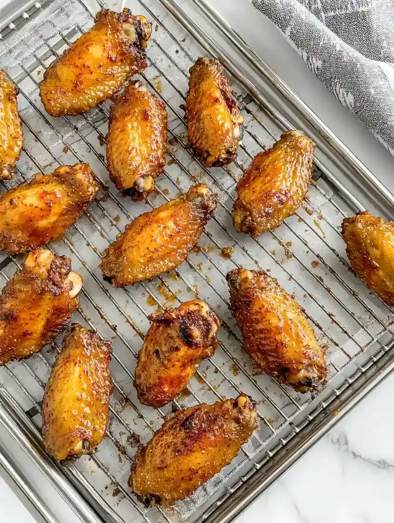 Crispy golden-brown chicken wings glazed and arranged on a metal rack.