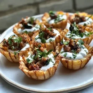 Golden-brown potato cups filled with meat, garnished with herbs and sauce.