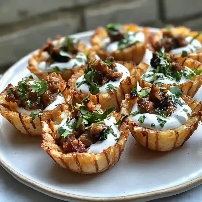 Golden-brown potato cups filled with meat, garnished with herbs and sauce.