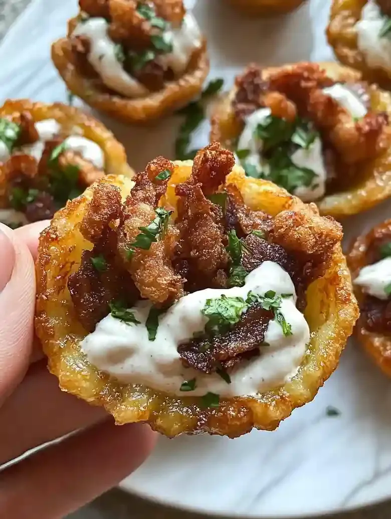 Hand holding a potato cup filled with meat and garnished with herbs.