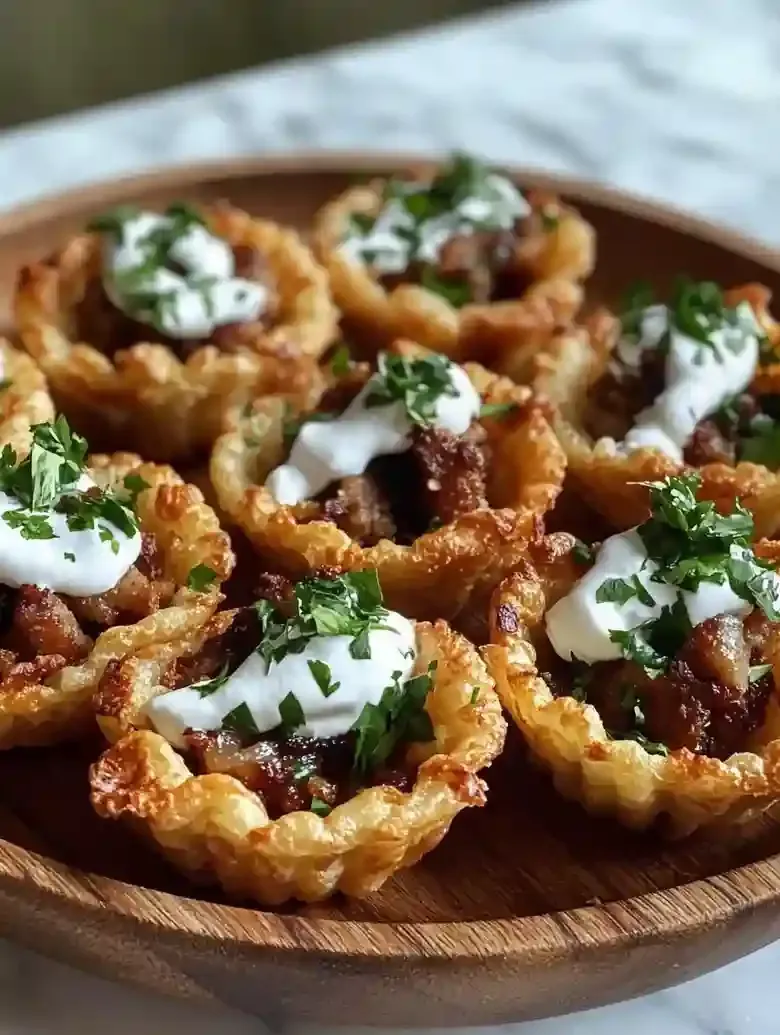 Crispy meat-filled cups on a wooden plate, garnished with sauce and herbs.