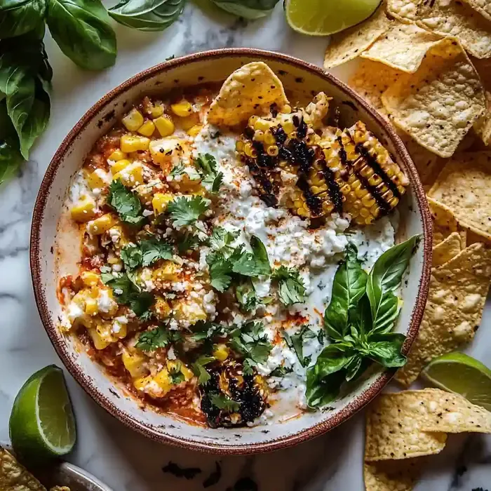 Circular dish of creamy mixture topped with cilantro, cheese, and grilled corn.
