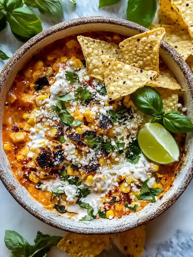Corn dip in a serving dish, topped with cheese, cilantro, and lime.