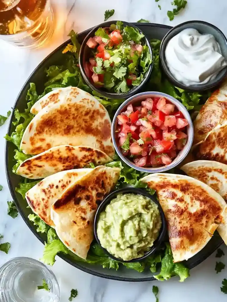 Crisp quesadillas on lettuce with pico de gallo, guacamole, and sour cream.
