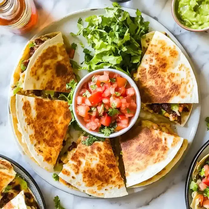 Plated quesadillas with salsa, fresh toppings, and salad on marble surface.