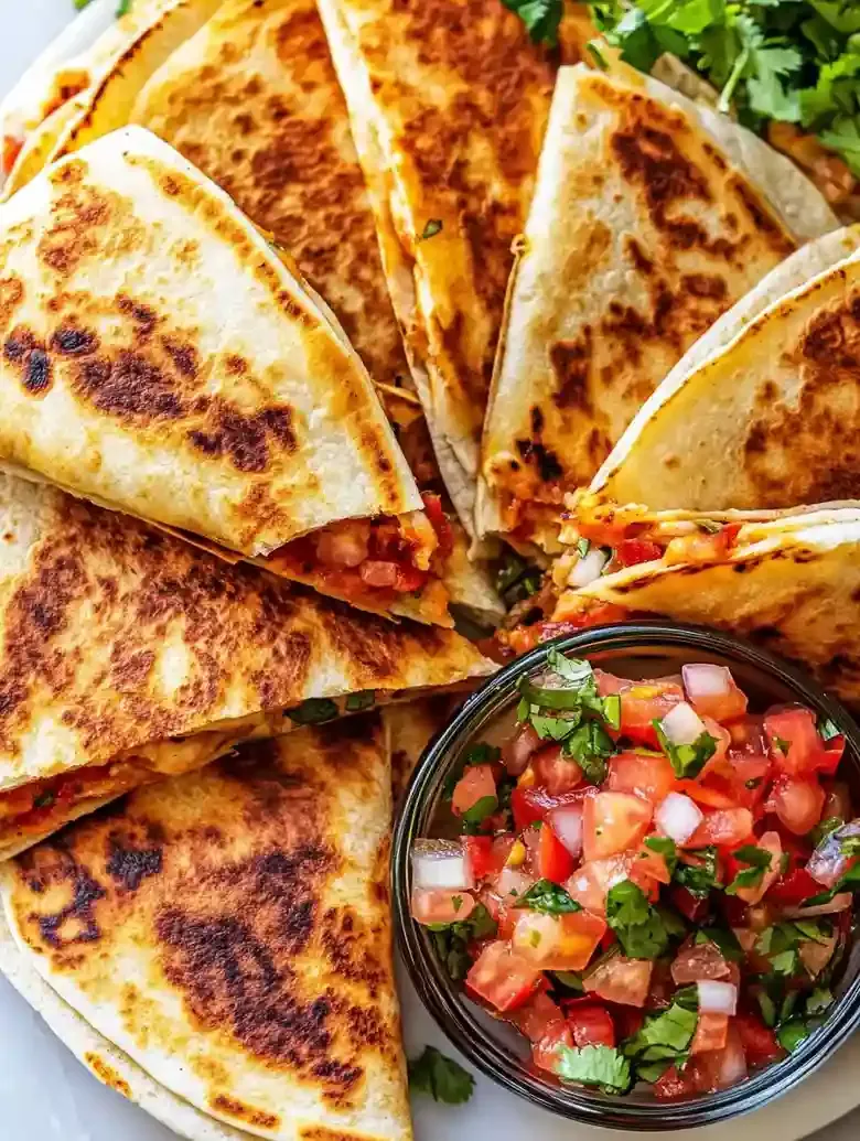 Golden-brown quesadillas on marble surface, with vibrant pico de gallo.