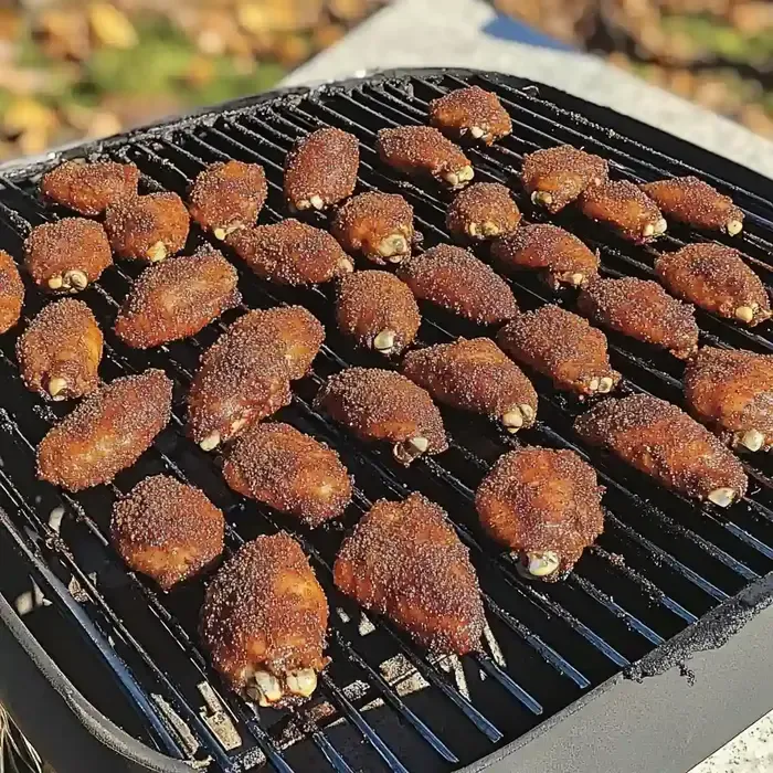 Grill with golden-brown chicken wings on marble surface background.