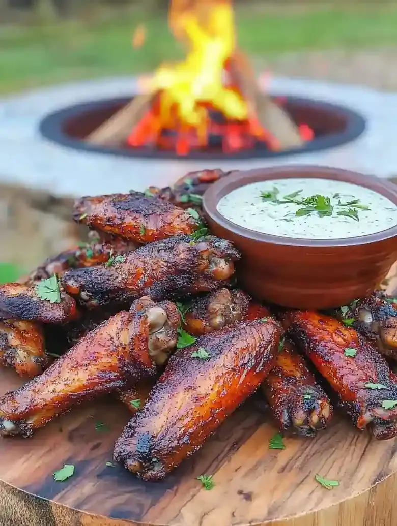 Wooden platter with golden-brown chicken wings and herb garnish, dipping sauce nearby.