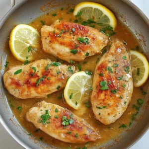 Golden-brown lemon chicken slices with parsley and lemon on marble surface