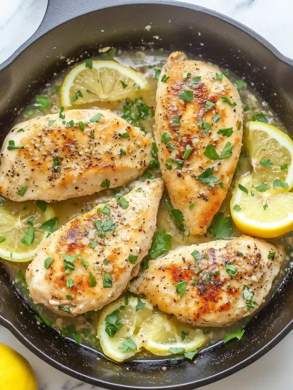 Pan-fried lemon chicken slices with lemon wedges and parsley in a cast iron skillet