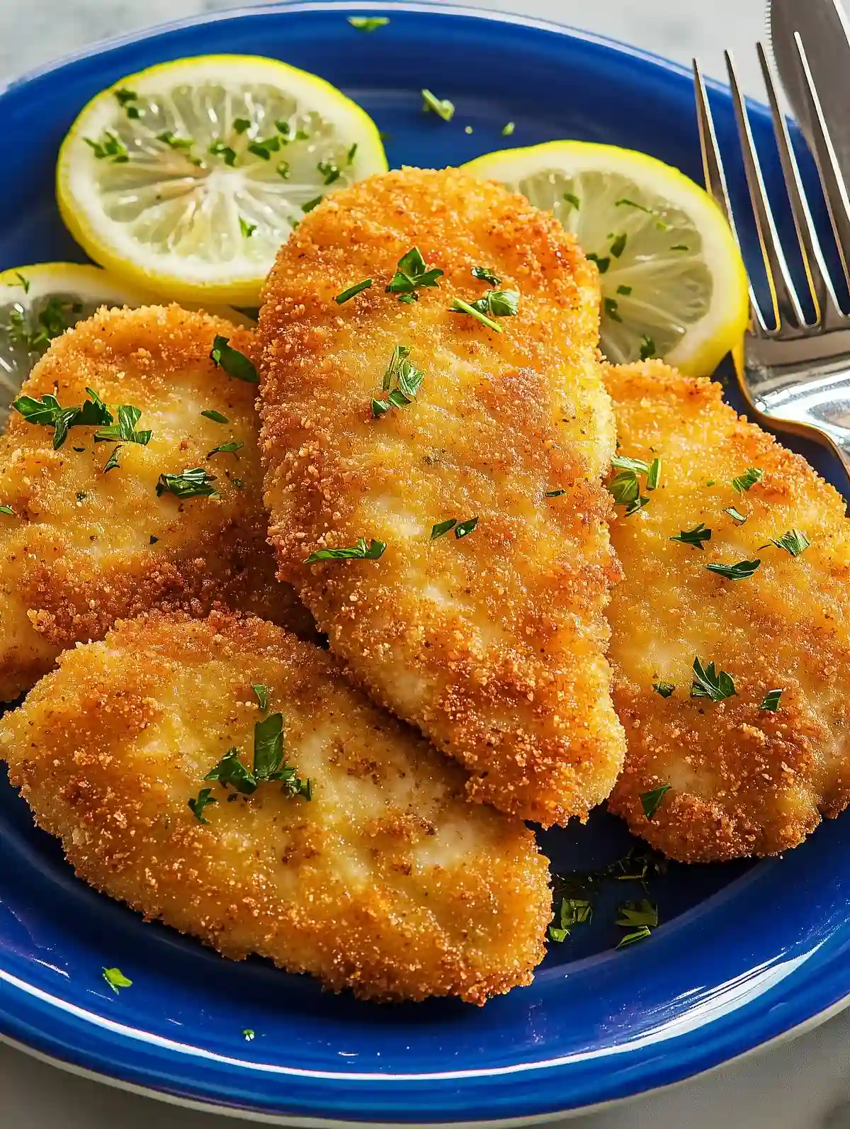 Golden-brown chicken fillets with lemon slices on a blue plate, garnished with parsley