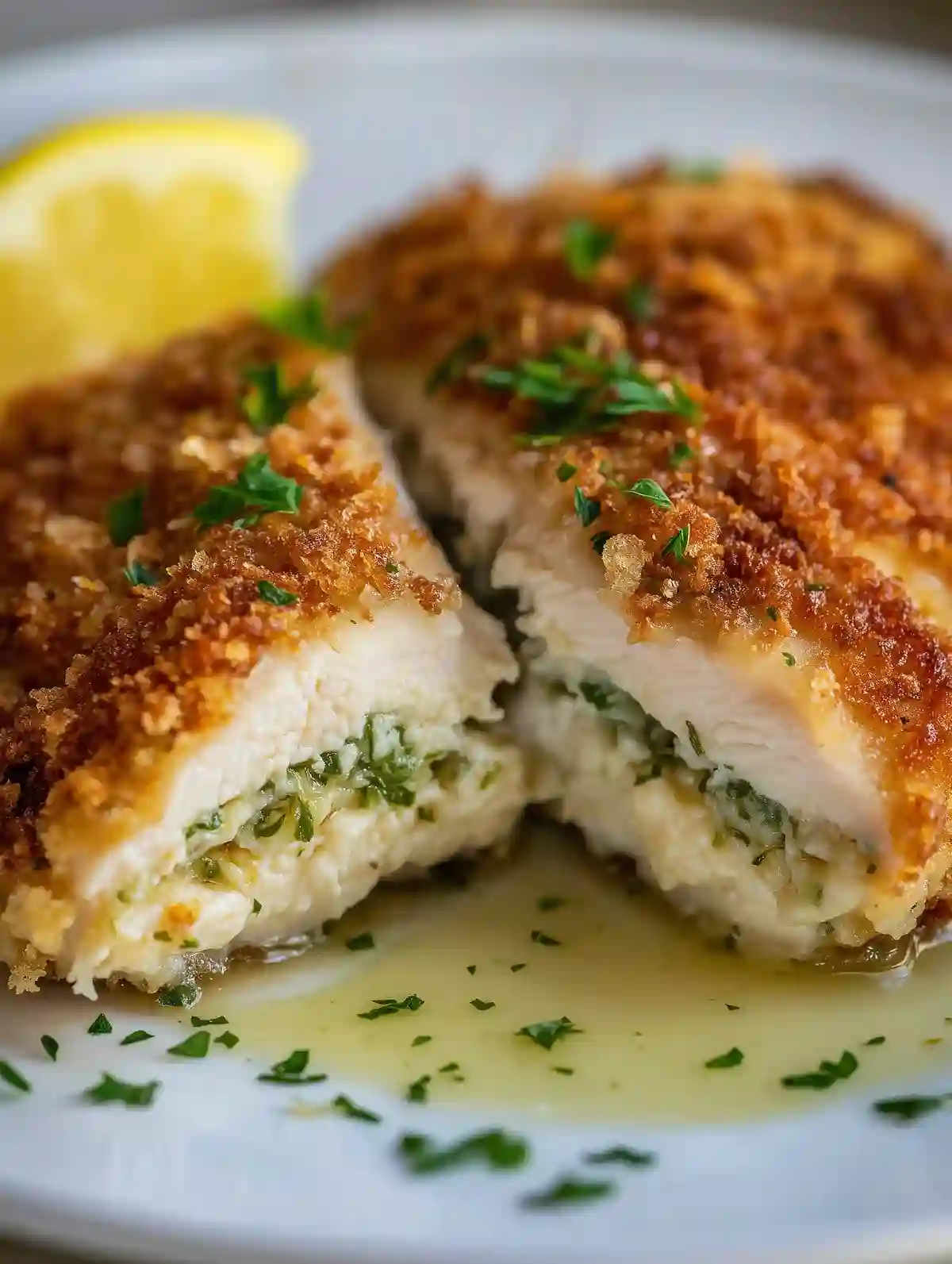 Golden-brown Chicken Kiev halves with herb butter, parsley, and lemon wedge