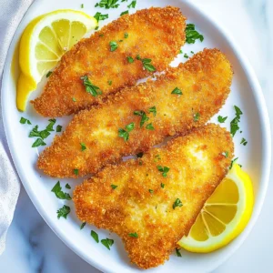 Golden-brown chicken pieces with parsley and lemon wedges on a white oval plate