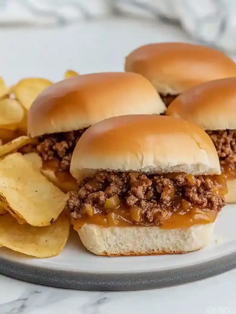 Chicken tender sliders with ground meat and cheese on marble surface.