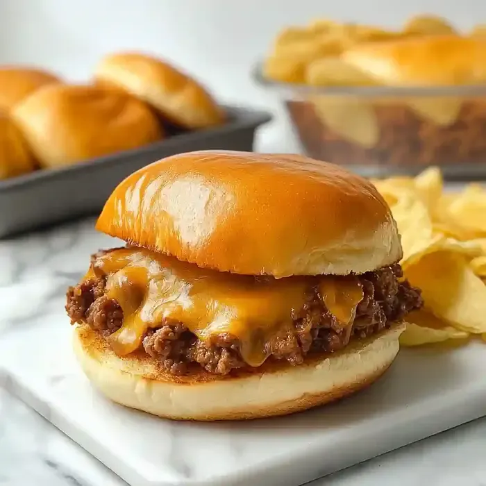 Golden-brown brioche sandwich with ground meat and melted cheese, served with chips.