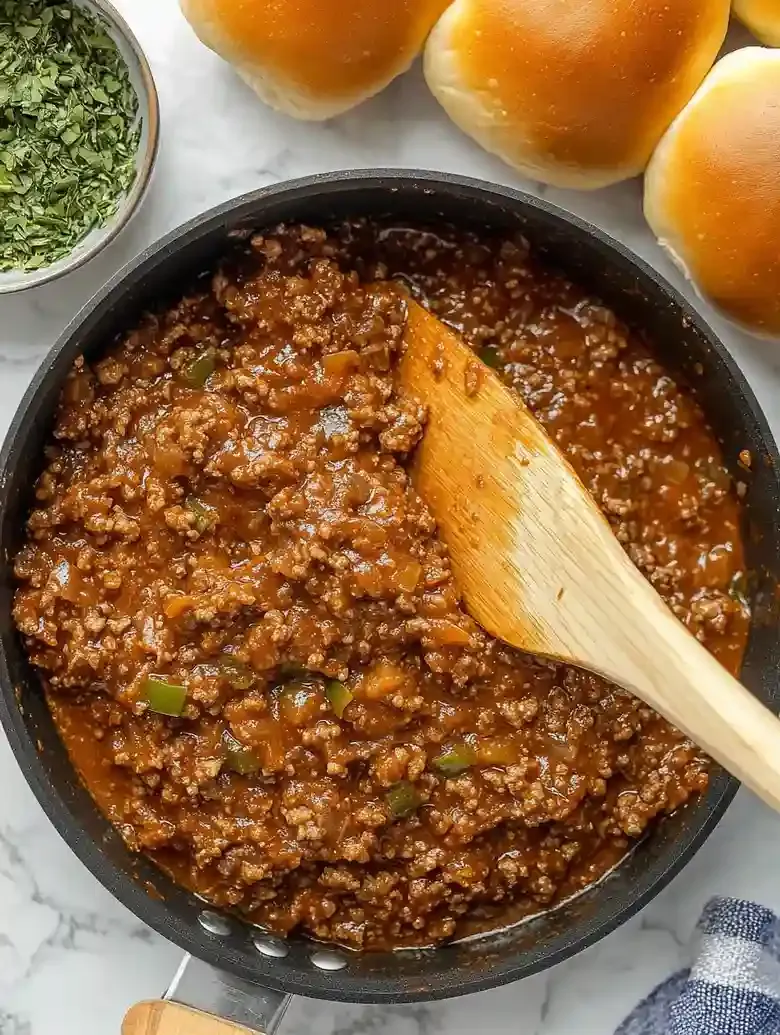 Skillet with ground meat, green peppers, and sauce beside dinner rolls.