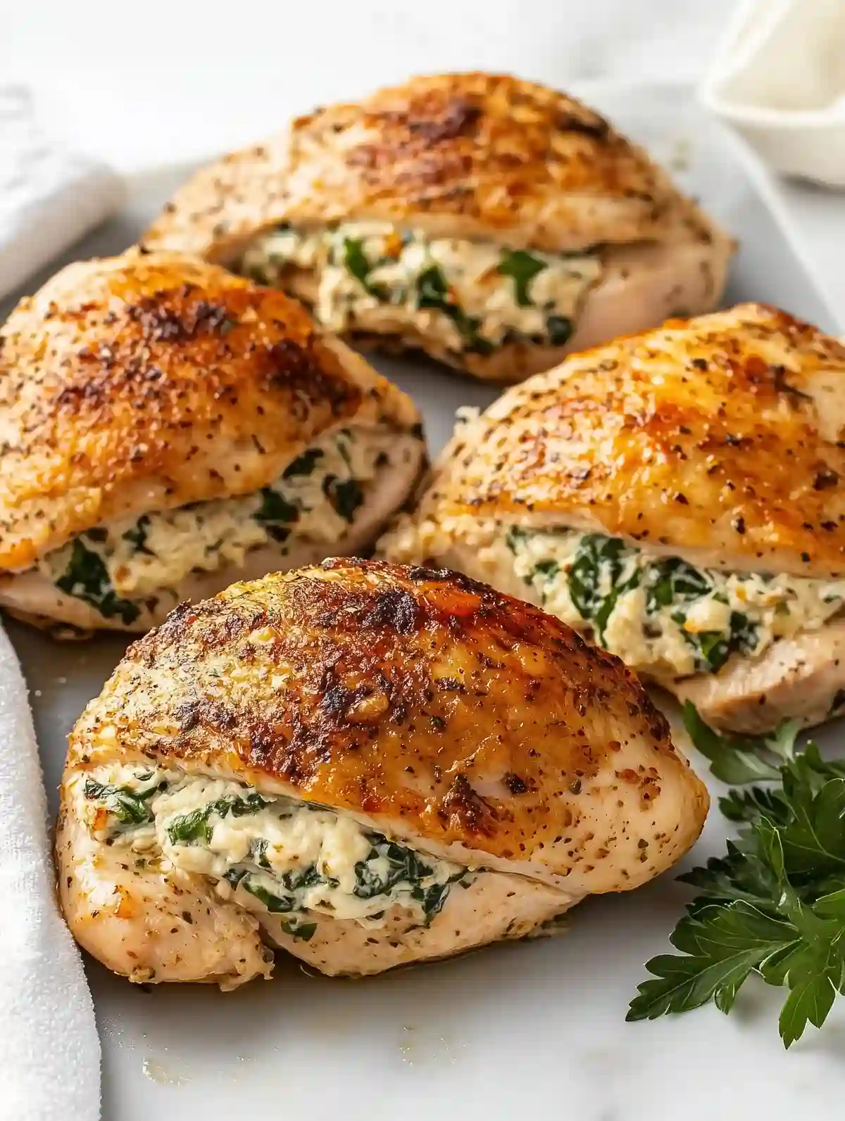 Four stuffed chicken slices with crispy edges on white marble, garnished with herbs.