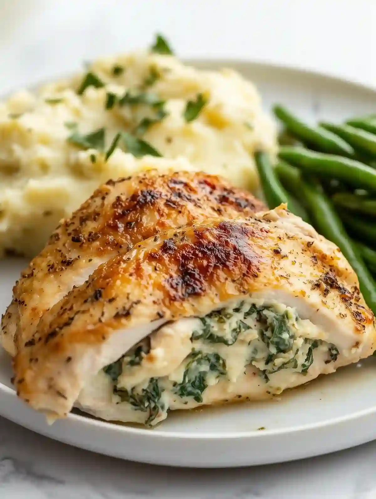 Stuffed chicken slices with spinach, cheese, sun-dried tomatoes; mashed potatoes and green beans on white marble surface.