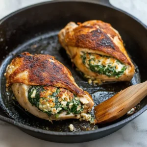 Stuffed chicken slices seared golden with cheese and spinach in a skillet