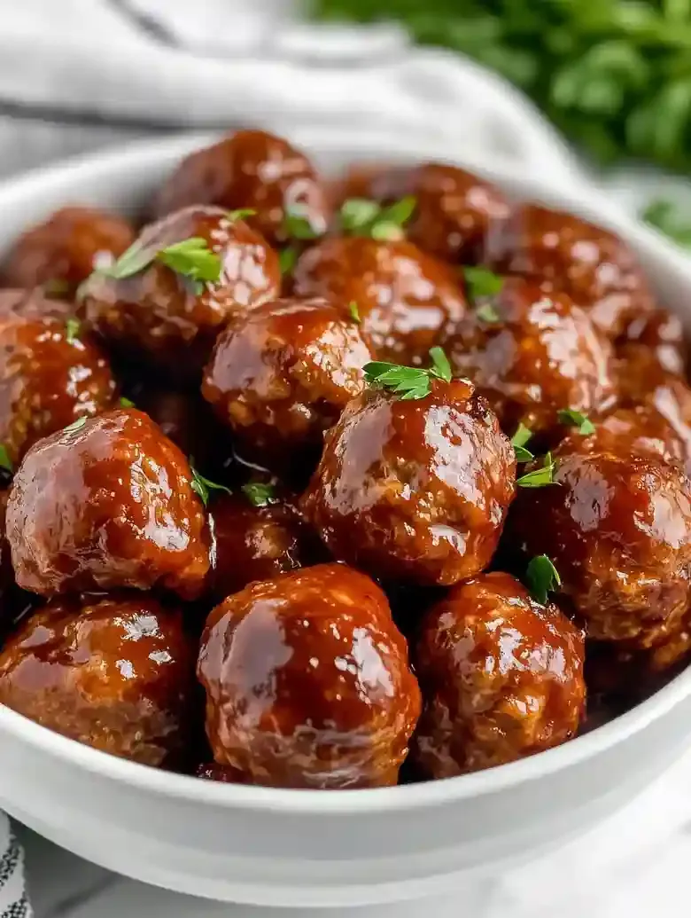 Bowl of golden meatballs in savory sauce, garnished with parsley.